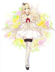 Rule 34 | 10s, 1girl, black footwear, blonde hair, blue eyes, braid, crown, dress, flower, french braid, full body, garter straps, hairband, jewelry, kantai collection, long hair, long sleeves, mini crown, necklace, off-shoulder dress, off shoulder, shoes, simple background, solo, standing, thighhighs, warspite (kancolle), white background, white dress, white thighhighs, yamashichi (mtseven)