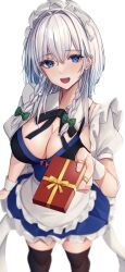 Rule 34 | 1girl, 7saki, bandaid, bandaid on hand, black thighhighs, blue eyes, blush, breasts, cleavage, gift, grey hair, highres, holding, holding gift, izayoi sakuya, large breasts, looking at viewer, maid, maid headdress, medium hair, open mouth, short sleeves, simple background, smile, solo, standing, thighhighs, touhou, white background, wrist cuffs