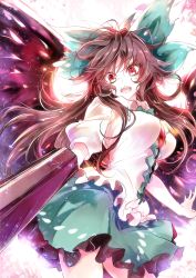 Rule 34 | 1girl, arm cannon, backlighting, bird wings, bow, breasts, brown hair, hair bow, kanaria (fuusenkazura), large breasts, long hair, looking at viewer, open mouth, puffy short sleeves, puffy sleeves, red eyes, reiuji utsuho, shirt, short sleeves, skirt, smile, solo, third eye, touhou, weapon, wings