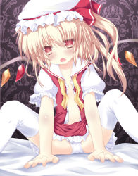 Rule 34 | 1girl, ascot, bad id, blonde hair, blush, flandre scarlet, hair ribbon, hat, hat ribbon, highres, mo-a-i, navel, on bed, open clothes, open mouth, open shirt, panties, pantyshot, petite, red eyes, ribbon, shirt, side ponytail, skirt, skirt set, solo, spread legs, thighhighs, touhou, underwear, upskirt, white panties, white thighhighs