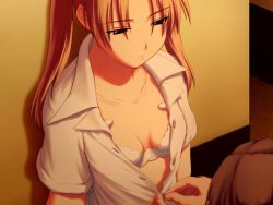 Rule 34 | 1girl, bra, breasts, buttons, cleavage, collarbone, game cg, lingerie, miyaji saya, open clothes, open shirt, orange hair, realize, red eyes, shirt, solo, solo focus, twintails, unbuttoned, unbuttoning, underwear, undressing, white bra