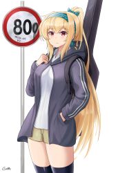 Rule 34 | 1girl, alternate costume, artist name, backpack, bag, black thighhighs, blonde hair, bow, breasts, brown shorts, closed mouth, commentary, english commentary, feet out of frame, gamryous, girls&#039; frontline, green bow, green hairband, grey hoodie, hair bow, hairband, hand in pocket, hand on own chest, highres, hood, hooded jacket, hoodie, jacket, long hair, looking at viewer, ponytail, red eyes, road sign, shirt, shorts, sign, solo, standing, sv-98 (girls&#039; frontline), sv-98 (mod3) (girls&#039; frontline), thighhighs, weapon case, white background, white shirt