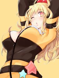Rule 34 | blonde hair, breasts, exhausted, highres, iwashi dorobou -r-, jacket, large breasts, long hair, neptune (series), open mouth, pish, ponytail, stretching, yellow eyes