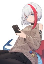 Rule 34 | 1girl, admiral graf spee (azur lane), admiral graf spee (girl&#039;s sunday) (azur lane), admiral graf spee (peaceful daily life) (azur lane), aran sweater, azur lane, bare shoulders, black pantyhose, black skirt, blue eyes, brown sweater, cable knit, choker, clothing cutout, fins, fish tail, highres, holding, holding phone, long sleeves, looking at viewer, miniskirt, multicolored hair, nekojira, pantyhose, phone, red hair, shark tail, short hair, shoulder cutout, sidelocks, silver hair, simple background, sitting, skirt, smile, solo, sweater, tail, two-tone hair, white background