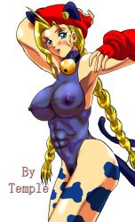 Rule 34 | 1girl, animal ears, bell, beret, blonde hair, blue eyes, blue leotard, braid, breasts, cammy white, capcom, cat ears, cat tail, hat, jingle bell, large breasts, leotard, muscular, nipples, see-through, solo, street fighter, tail, temple (artist), twin braids, twintails