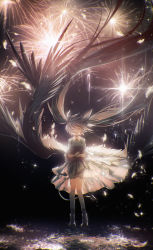 Rule 34 | 1girl, absurdly long hair, aqua hair, blue dress, boots, collared dress, commentary, dress, closed eyes, facing viewer, feathered wings, feathers, fireworks, hatsune miku, highres, kimi mo warui hito de yokatta (vocaloid), large wings, lengchan (fu626878068), lens flare, long hair, night, night sky, own hands together, sky, smile, socks, solo, standing, star (sky), twintails, very long hair, vocaloid, wide shot, wings