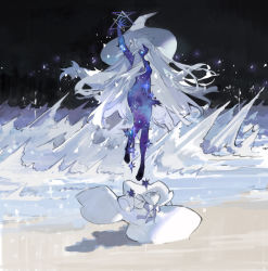 Rule 34 | 1girl, arm up, bare shoulders, beach, blue skin, bow, casting spell, colored skin, dress, floating, frozen, grey bow, hat, ice, large hat, long hair, no eyes, nude, open mouth, original, sand, smile, snowing, solo, spell, star (sky), starshadowmagician, teeth, upper teeth only, very long hair, white dress, white hair, white hat, witch, witch hat