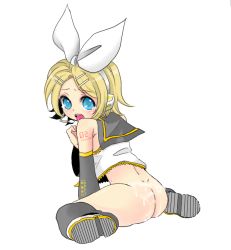 Rule 34 | ass, blonde hair, blue eyes, bottomless, cum, kagamine rin, kneeling, looking back, surprised, vocaloid