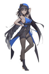 Rule 34 | 1girl, absurdres, bare shoulders, black footwear, black gloves, black hair, blue beret, breasts, feather hair, full body, gloves, hat, highres, long hair, medium breasts, mus-pai, pantyhose, shoes, simple background, solo, standing, tacet mark (wuthering waves), thighs, very long hair, white background, wuthering waves, yangyang (wuthering waves)