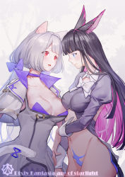 Rule 34 | 2girls, animal ears, black hair, blue eyes, bow, breasts, cat ears, cat tail, choker, cleavage, collarbone, copyright name, dress, eye contact, grey shirt, hair bow, highres, large breasts, lingxia, long sleeves, looking at another, medium breasts, multicolored hair, multiple girls, naliv (pixiv fantasia age of starlight), navel, pink hair, pixiv fantasia, pixiv fantasia age of starlight, puffy long sleeves, puffy sleeves, purple bow, purple choker, red eyes, shirt, short hair, silver hair, standing, tail, two-tone hair, white background, white bow, wrist cuffs