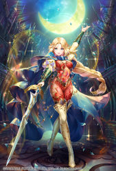 Rule 34 | 1girl, blonde hair, blue cloak, bodysuit, boots, braid, braided ponytail, breasts, castle, cherry blossoms, cloak, crescent, high heel boots, high heels, highres, holding, holding sword, holding weapon, jewelry, long hair, medium breasts, moon, nemusuke, official art, parted bangs, protagonist (romancing saga 2), red bodysuit, romancing saga 2, romancing saga re;universe, saga, square enix, sun (ornament), sword, the final empress, thigh boots, thighhighs, thighs, weapon