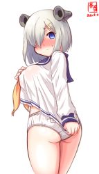 Rule 34 | 1girl, artist logo, ass, blue eyes, blush, breasts, clothes pull, clothes writing, commentary request, cosplay, cowboy shot, dated, dress, dress pull, from behind, hair ornament, hair over one eye, hairclip, hamakaze (kancolle), headgear, highres, kanon (kurogane knights), kantai collection, large breasts, looking at viewer, looking back, neckerchief, nose blush, panties, sailor dress, short dress, short hair, silver hair, simple background, solo, speaking tube headset, underwear, underwear writing, wedgie, white background, white panties, yellow neckerchief, yukikaze (kancolle), yukikaze (kancolle) (cosplay)