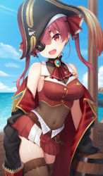 Rule 34 | 1girl, :d, ascot, bare shoulders, black hat, black jacket, blush, breasts, brown legwear, cleavage, commentary request, contrapposto, covered navel, day, eyepatch, hair ornament, hat, heart, heart print, heijialan, highres, hololive, houshou marine, jacket, large breasts, long hair, looking at viewer, miniskirt, ocean, off shoulder, open mouth, outdoors, pirate, pirate hat, pleated skirt, red eyes, red hair, red jacket, red skirt, see-through, see-through cleavage, skirt, smile, solo, striped clothes, striped jacket, twintails, two-sided fabric, two-sided jacket, virtual youtuber, white skirt