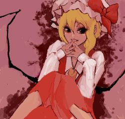 Rule 34 | 1girl, adapted costume, bad drawr id, bad id, blonde hair, blouse, collared shirt, drawr, embodiment of scarlet devil, female focus, flandre scarlet, hair between eyes, hat, mob cap, oekaki, red eyes, red theme, ribbon, shirt, short hair, sitting, smile, solo, touhou, white hat, white shirt, wings