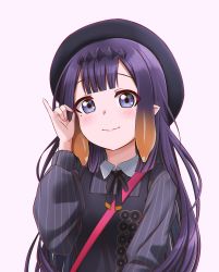 Rule 34 | 1girl, absurdres, blunt bangs, gradient hair, hat, highres, hololive, hololive english, jan azure, long hair, mole, mole under eye, multicolored hair, ninomae ina&#039;nis, ninomae ina&#039;nis (casual), orange hair, pink background, pinky out, pointy ears, purple hair, simple background, smile, solo, tentacle hair, virtual youtuber