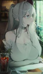 Rule 34 | 1girl, absurdres, ahoge, bare shoulders, black choker, breasts, choker, chyan, cleavage, collarbone, cup, drink, drinking glass, fork, grey hair, hair over shoulder, highres, indoors, large breasts, long hair, long sleeves, looking to the side, original, pointy ears, ponytail, shirt, silvi (chyan), slit pupils, solo, upper body, white eyes, white hair, white shirt, window