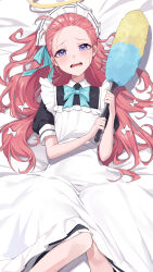 Rule 34 | 1girl, absurdres, apron, aqua bow, aqua bowtie, black dress, blue archive, blue eyes, blush, bow, bowtie, collared dress, commentary, crying, dress, drooling, feet out of frame, forehead, hair bow, halo, highres, holding, long hair, looking at viewer, lying, maid, maid headdress, official alternate costume, on back, on bed, open mouth, pink hair, puffy sleeves, solo, symbol-only commentary, teeth, tongue, white apron, white bow, xu wen (bbb2822828), yellow halo, yuzu (blue archive), yuzu (maid) (blue archive)