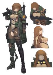 Rule 34 | 1girl, abs, absurdres, alternate hair length, alternate hairstyle, amputee, assault rifle, bodysuit, breast strap, breasts, brown bodysuit, brown eyes, brown hair, brownie (last origin), chest strap, cigarette, cleavage, crazy smile, crotch plate, explosive, finger on trigger, full body, goggles, goggles around neck, grenade, grenade pin, grey eyes, grin, gun, hair over one eye, heterochromia, highres, holding, holding grenade, holding gun, holding weapon, large breasts, last origin, leotard, long hair, looking at viewer, military operator, multiple views, muscular, muscular female, night-vision device, prosthesis, prosthetic leg, pump (iklee321), revealing clothes, rifle, scar, scar on face, see-through, simple background, smile, smoking, torn clothes, weapon, white background