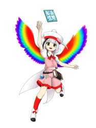 Rule 34 | 1girl, :d, ankh, arm up, ascot, belt, black belt, black hair, blush stickers, book, coattails, collared shirt, feathered wings, flask, frilled shirt collar, frills, full body, hat, hat feather, highres, hollow song of birds, leg up, looking at viewer, monster reborn, multicolored hair, multicolored wings, open mouth, parasite oyatsu, pink shorts, pink vest, potion, puffy short sleeves, puffy sleeves, rainbow gradient, rainbow wings, red ascot, red socks, red trim, shirt, shoes, short hair, short sleeves, shorts, simple background, smile, socks, solo, spread wings, standing, standing on one leg, streaked hair, tablet pc, torisumi horou, touhou, transparent background, vest, vial, white footwear, white hair, white hat, white shirt, wings, yellow eyes, zun (style)
