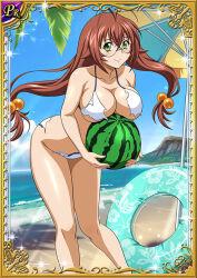 Rule 34 | 1girl, :&gt;, bikini, blue sky, blush, breasts, breasts squeezed together, brown hair, card (medium), day, food, fruit, glasses, green eyes, hair ornament, holding, holding food, ikkitousen, large breasts, long hair, looking at viewer, official art, open mouth, ryuubi gentoku, shiny skin, sky, solo, swimsuit, torn clothes, very long hair, watermelon, white bikini