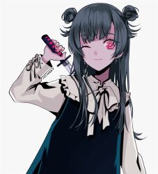 Rule 34 | 1girl, arm up, black hair, bright pupils, cross, cross earrings, double bun, dress, earrings, hair bun, holding, holding sword, holding weapon, jewelry, katana, long hair, long sleeves, looking at viewer, myon (tokipi), one eye closed, original, pink eyes, pink nails, shadow, simple background, smile, solo, sword, weapon, white background, white pupils