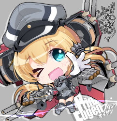 Rule 34 | 1girl, anchor hair ornament, aqua eyes, black skirt, black thighhighs, blonde hair, cannon, character name, chibi, gloves, hair ornament, hat, highres, kantai collection, kuroneko (kuroneko works), long hair, long sleeves, low twintails, microskirt, military, military hat, military uniform, one eye closed, open mouth, peaked cap, pleated skirt, prinz eugen (kancolle), skirt, solo, thighhighs, torpedo, turret, twintails, uniform, white gloves