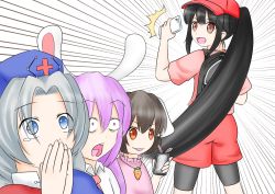Rule 34 | &gt;:d, 10s, 4girls, :3, :d, :o, alternate costume, alternate hairstyle, animal ears, backpack, bad id, bad pixiv id, bag, bike shorts, black hair, blue eyes, brown eyes, carrot necklace, cellphone, commentary request, covering own mouth, creatures (company), emphasis lines, female protagonist (pokemon go), game freak, hat, holding, houraisan kaguya, inaba tewi, jewelry, long hair, multiple girls, necklace, nintendo, open mouth, phone, pokemon, pokemon go, ponytail, purple eyes, purple hair, rabbit ears, reisen udongein inaba, short hair, shorts, silver hair, smartphone, smile, surprised, tears, touhou, uru (uru0301), v-shaped eyebrows, very long hair, yagokoro eirin