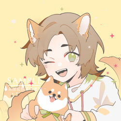 Rule 34 | 1boy, animal, animal ears, brown hair, chinese commentary, commentary request, dog, dog boy, dog ears, dog tail, fangs, highres, holding, holding animal, holding dog, hood, hoodie, kemonomimi mode, long sleeves, male focus, one eye closed, open mouth, parted bangs, portrait, saibou shinkyoku, sample watermark, shiba inu, shinano eiji, short hair, simple background, smile, solo, sparkle, tail, teeth, upper teeth only, watermark, white hoodie, xiao228, yellow background