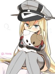 Rule 34 | 10s, 1girl, bare shoulders, bismarck (kancolle), blonde hair, blue eyes, blush, elbow gloves, gloves, grey thighhighs, hat, highres, holding, holding stuffed toy, kantai collection, long hair, looking at viewer, md5 mismatch, peaked cap, pout, resized, simple background, sitting, solo, stuffed animal, stuffed toy, teddy bear, tekka maki (wafuu-bune), thighhighs, twitter username, very long hair, white background