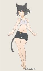 Rule 34 | 1girl, absurdres, animal ears, animal feet, bare shoulders, barefoot, bike shorts, black hair, black shorts, bra, breasts, cat ears, cat girl, cat tail, closed mouth, collarbone, digitigrade, full body, gluteal fold, grey background, highres, light smile, looking at viewer, nauwa, navel, original, short hair, shorts, simple background, sleeveless, small breasts, solo, sports bra, sweat, tail, thigh gap, twitter username, underwear, white bra, yellow eyes
