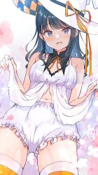 Rule 34 | 1girl, bare arms, bare shoulders, black hair, bloomers, blue eyes, blush, cameltoe, chemise, chemise lift, detached collar, hat, idolmaster, idolmaster shiny colors, kazano hiori, long hair, looking at viewer, mole, mole under mouth, navel, neck ribbon, parted lips, ponytail, ribbon, shiitake taishi, simple background, smile, solo, spaghetti strap, swept bangs, thighhighs, underwear, wavy hair, white bloomers, white hat, witch hat