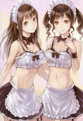 Rule 34 | 2girls, apron, bare shoulders, bow, bowtie, breasts, closed mouth, frills, head tilt, image sample, kishida mel, long hair, maid, maid apron, maid headdress, medium breasts, midriff, multiple girls, navel, original, pointing, pointing at self, ribs, smile, twintails, wrist cuffs