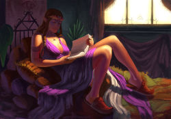 Rule 34 | 1girl, armlet, arvalis, book, breasts, brown hair, circlet, cleavage, highres, jewelry, medium breasts, necklace, nintendo, open book, pillow, pointy ears, princess zelda, readind, reading, rj palmer, slippers, smile, solo, the legend of zelda, triforce