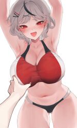 Rule 34 | 1girl, absurdres, alternate costume, armpits, arms up, black hair, blush, breasts, cleavage, grabbing, grabbing another&#039;s breast, grey hair, hair ornament, highres, hololive, large breasts, looking down, medium hair, meme, multicolored hair, navel, open mouth, pov, pov cheek grabbing (meme), pov hands, red eyes, sakamata chloe, simple background, smile, solo focus, sports bra, stomach, streaked hair, virtual youtuber, white background, x hair ornament, yu seol 69