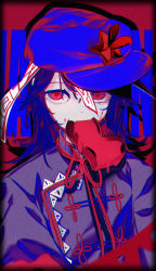 Rule 34 | 1girl, alternate color, arms at sides, bad id, bad pixiv id, biting, blood, blood on face, blue hat, cabbie hat, chinese clothes, chromatic aberration, dot nose, eyebrows hidden by hair, fang, hat, heart, highres, looking at viewer, medium hair, miyako yoshika, neck ribbon, ofuda, purple hair, red eyes, red ribbon, ribbon, skin fang, solo, star (symbol), tangzhuang, touhou, upper body, yonemuro