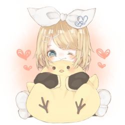Rule 34 | 1girl, bird, blonde hair, blue eyes, blush, bow, chick, eyelashes, hair ornament, hairclip, heart, heart-shaped pupils, hug, kagamine rin, looking at viewer, one eye closed, ramuta, shoes, short hair, simple background, solo, stuffed toy, symbol-shaped pupils, vocaloid