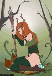 Rule 34 | 1girl, animated, animated gif, big belly, breasts, critical role, cum inflation, female focus, freckles, full body, green eyes, inflation, keyleth (critical role), long hair, medium breasts, orange hair, pointy ears, solo, staff, thick thighs, thighhighs, thighs, zaunis