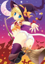 Rule 34 | 1girl, animal ears, ass, bad id, bad pixiv id, blonde hair, blue eyes, blush, boots, broom, broom riding, cat ears, cat tail, crescent moon, eyebrows, halloween, hat, highres, long hair, minatsuki alumi, moon, original, outstretched arm, purple thighhighs, sky, solo, star (sky), star (symbol), starry sky, tail, thighhighs, witch hat