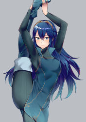 Rule 34 | 1girl, ameno (a meno0), arms up, blue bodysuit, blue eyes, blue hair, blush, bodysuit, boots, closed mouth, dress, fire emblem, fire emblem awakening, gradient background, grey background, highres, holding, jewelry, leg up, lips, long hair, long sleeves, looking at viewer, lucina (fire emblem), nintendo, ribbed bodysuit, short dress, simple background, skin tight, solo, split, standing, standing on one leg, standing split, thigh boots, thighhighs, thighs, tiara, turtleneck