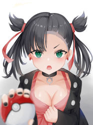 Rule 34 | 1girl, absurdres, alternate breast size, arno (ft3014), asymmetrical bangs, asymmetrical hair, bad id, bad pixiv id, black hair, black jacket, black nails, blurry, blurry foreground, blush, breasts, choker, cleavage, collarbone, commentary request, creatures (company), dress, earrings, game freak, green eyes, hair ribbon, highres, holding, holding poke ball, jacket, jewelry, long sleeves, looking at viewer, marnie (pokemon), nail polish, nintendo, open clothes, pink dress, poke ball, poke ball (basic), pokemon, pokemon swsh, red ribbon, ribbon, simple background, solo, twintails