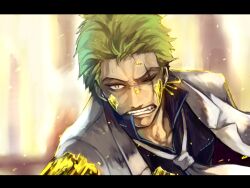Rule 34 | 1boy, clenched teeth, commentary, commentary request, earrings, english commentary, green hair, jewelry, katou (fieskiri), male focus, mixed-language commentary, necktie, official alternate costume, one eye closed, one piece, one piece film: gold, roronoa zoro, scar, scar across eye, scar on face, short hair, single earring, solo, teeth, white necktie, yellow eyes