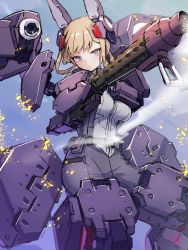 Rule 34 | 1girl, alice gear aegis, belt, blonde hair, breasts, closed mouth, commentary request, doyouwantto, grey eyes, grey pants, grey shirt, gun, holding, holding gun, holding weapon, large breasts, looking at viewer, mecha musume, pants, pouch, rita henschel, shirt, signature, solo, sparks, weapon