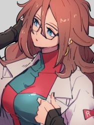 Rule 34 | 1girl, android 21, blue eyes, breasts, dragon ball, dragon ball fighterz, earrings, glasses, grey background, hair between eyes, hoop earrings, jewelry, kemachiku, lab coat, long hair, looking to the side, medium breasts, red hair, red ribbon army, simple background, solo, upper body