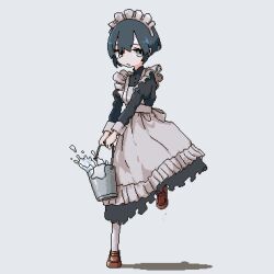 Rule 34 | 1girl, absurdres, apron, black dress, black hair, blunt ends, brown footwear, bucket, character request, check copyright, closed mouth, commentary, copyright request, dress, frilled apron, frilled dress, frills, full body, grey eyes, highres, holding, holding bucket, juliet sleeves, loafers, long sleeves, looking at viewer, maid, maid apron, maid headdress, original, pixel art, puffy sleeves, rag, shoes, short hair, sideways glance, sivcha, solo, standing, standing on one leg, symbol-only commentary, white background