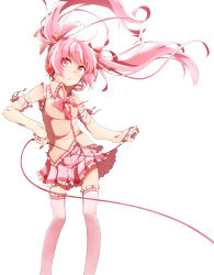 Rule 34 | 1girl, boots, bow, bowtie, detached sleeves, floating hair, hair ribbon, hatsune miku, headphones, long hair, microphone, pink eyes, pink footwear, pink hair, ribbon, sakura miku, saroma (kyys), simple background, skirt, solo, thighhighs, twintails, vocaloid, white background