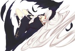 Rule 34 | 00s, 1girl, bad id, bad pixiv id, doll joints, dress, dutch angle, feathers, flower, joints, long hair, looking at viewer, lying, on back, red eyes, rose, rozen maiden, solo, suigintou, white hair, wings, zeshiki