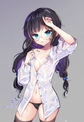 Rule 34 | 1girl, absurdres, arm up, bad id, bad pixiv id, black hair, black panties, black thighhighs, blue eyes, blush, collarbone, collared shirt, commentary request, cowboy shot, dress shirt, flat chest, glasses, gluteal fold, gradient background, grey background, hand on own chest, has bad revision, has downscaled revision, highres, lerome, long hair, looking at viewer, low twintails, md5 mismatch, navel, no bra, no pants, open clothes, open shirt, original, panties, parted lips, partially unbuttoned, resolution mismatch, rimless eyewear, round eyewear, see-through, shirt, short sleeves, signature, solo, source smaller, thighhighs, twintails, underwear, water, wet, wet clothes, wet shirt
