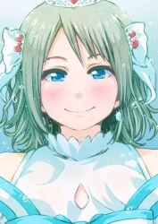 Rule 34 | 1girl, ayumu-k, blue background, blue eyes, blush, brown hair, bubble, highres, looking at viewer, love live!, love live! sunshine!!, short hair, simple background, smile, solo, tiara, watanabe you, water, wavy hair