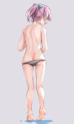 Rule 34 | 1girl, ass, butt crack, commentary, eyes visible through hair, full body, grey background, grey panties, highres, kabayaki namazu, kantai collection, panties, profile, purple hair, shiranui (kancolle), short hair, simple background, solo, standing, underwear, underwear only