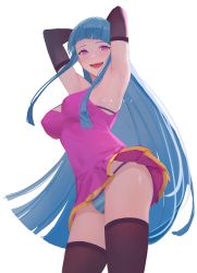 Rule 34 | 1girl, :d, armpits, arms up, bare shoulders, bikini, bikini bottom only, bikini under clothes, black gloves, black thighhighs, blue hair, blue panties, blunt bangs, breasts, commentary, cowboy shot, dancing, dress, drid, elbow gloves, gloves, highres, large breasts, long hair, looking at viewer, me!me!me!, me!me!me! dance (meme), meme, meme (me!me!me!), microdress, open mouth, panties, pink dress, purple eyes, simple background, smile, solo, standing, striped bikini, striped clothes, striped panties, swimsuit, thighhighs, thighs, underwear, very long hair, white background